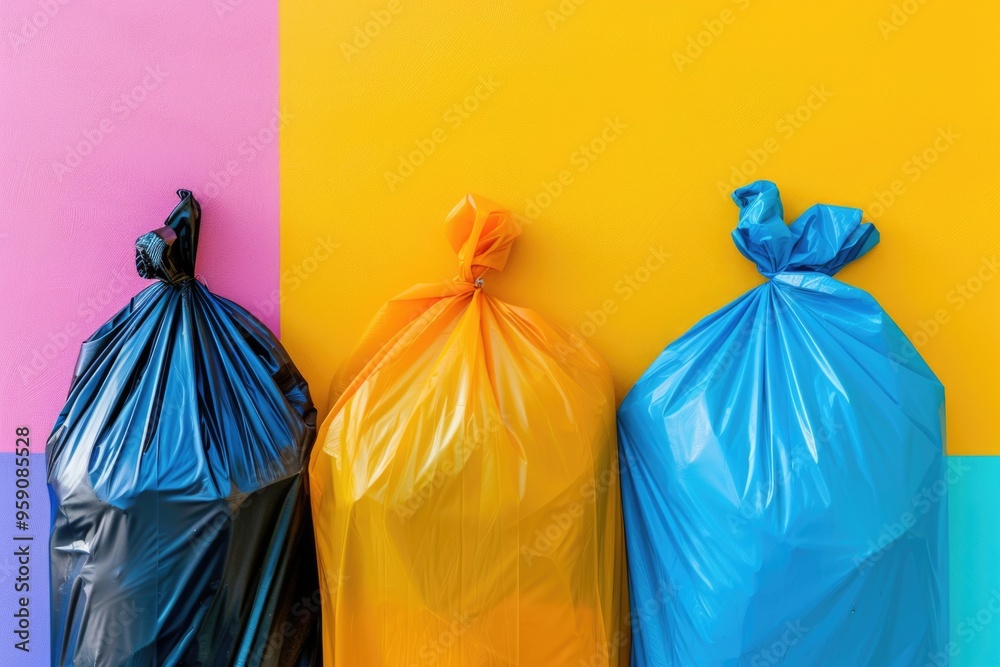 Poster three bags of garbage sit side by side on a surface, awaiting collection