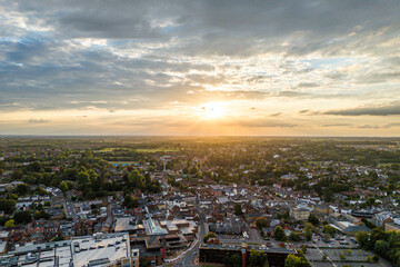 Fototapeta premium Aerial drone shot during sunset over the town of Bishops Stortford in England