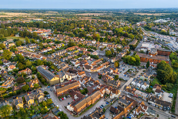Aerial drone shot during sunset over the town of Bishops Stortford in England