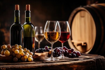 Obraz premium white and red wine tasting with red and white grapes in rustic winery setting, bottles and wine glasses