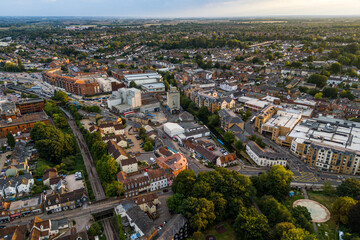 Aerial drone shot during sunset over the town of Bishops Stortford in England