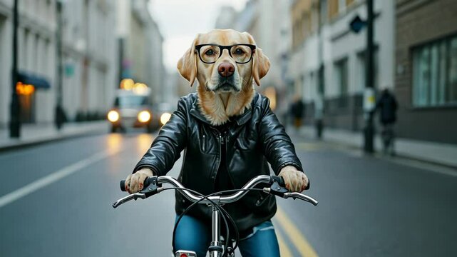 A Labrador retriever dressed in a leather jacket and glasses rides a bicycle down a city street, embodying humor and pet-themed holiday cards