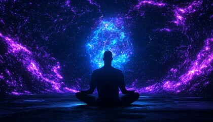 Fototapeta premium Silhouette of a meditating man with a blue and purple energy behind him, symbolizing spiritual connection and inner peace.