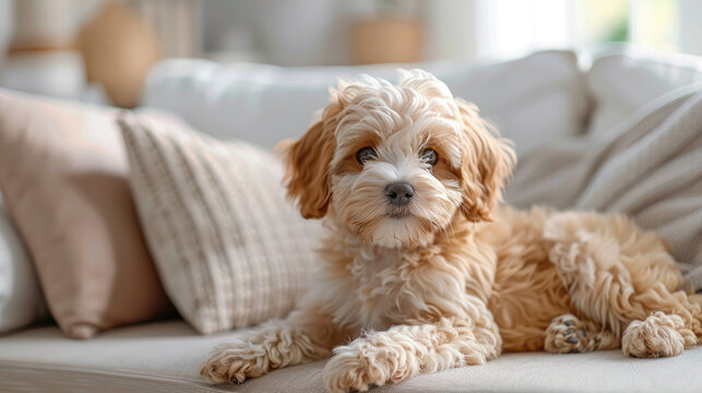 A mini goldendoodle lies on the sofa in the living room.