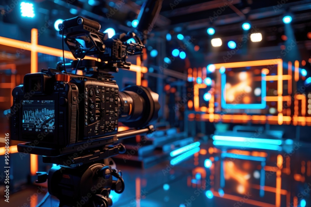 Poster A professional video camera setup on a sturdy tripod in a studio environment, ideal for filmmaking, photography, or live streaming