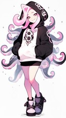 Anime girl with pink tentacles is posing in a stylish outfit