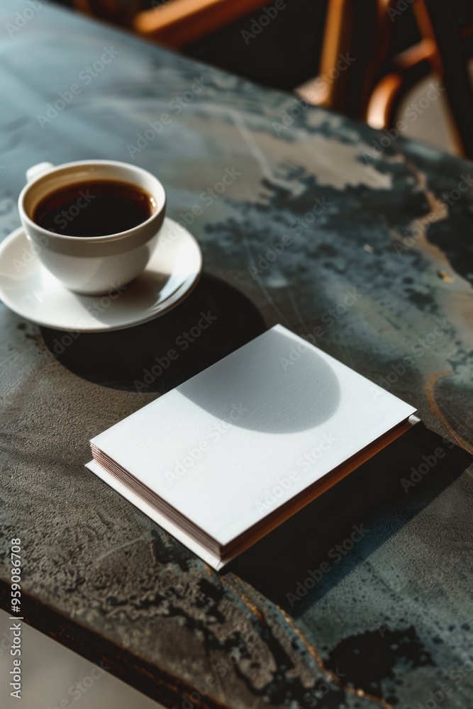 Poster a person enjoying their morning routine with a cup of coffee and a book on the table