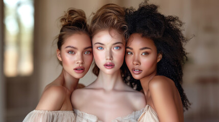 Obraz premium A portrait of three diverse, young women with flawless skin and natural makeup, showcasing beauty and unity. The soft lighting emphasizes their glowing complexions and subtle features.