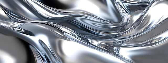 Abstract silver liquid metal wavy background. Shiny chrome fluid, close-up