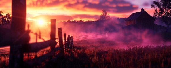 Silhouetted farmhouse against a vibrant sunset with fog.