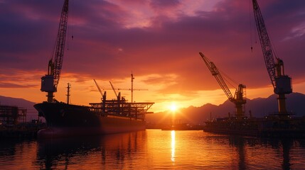 Fototapeta premium Silhouetted cranes and a cargo ship at sunset, reflecting in the water of a harbor.