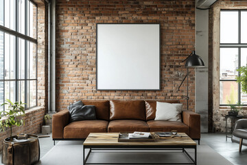 A industrial living room with exposed brick walls and interior. One large, square photo frame on the wall. Mockup for photos and art.