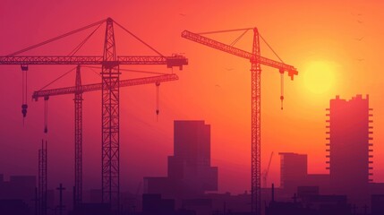 Silhouettes of construction cranes against a vibrant sunset sky, showcasing urban development and progress.