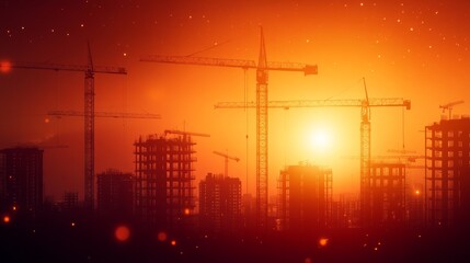 Silhouettes of construction cranes against a vibrant sunset, showcasing the city's growth and development.