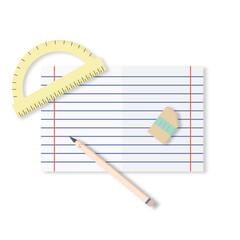 Notebook open page with pencil, eraser, protractor. School or office supplies. Stationery items. Isolated on white background with shadow