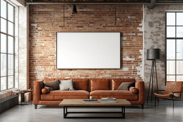 A industrial living room with exposed brick walls and interior. One large, white, horizontal photo frame on the wall. Mockup for photos and art.