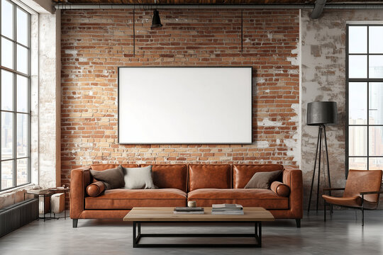 A industrial living room with exposed brick walls and interior. One large, white, horizontal photo frame on the wall. Mockup for photos and art.