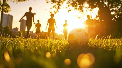 Silhouettes of people playing soccer in a park at sunset. The sun is shining brightly in the background.