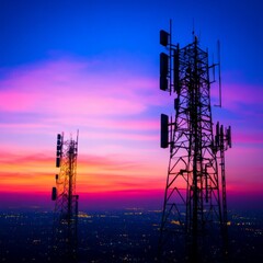Fototapeta premium Silhouettes of two communication towers against a vibrant sunset sky. The towers stand tall over a cityscape.