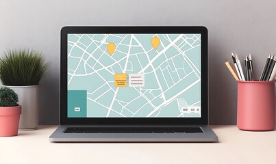 Fototapeta premium Laptop Displaying a Map with Two Location Markers