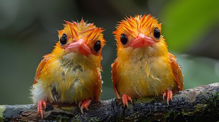 Fototapeta premium Two wet, orange and yellow birds with large eyes sit on a branch.