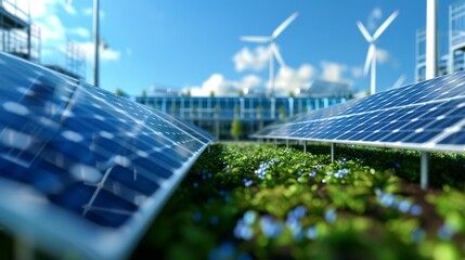 Solar panels and wind turbines stand tall in a field of green plants under a bright blue sky.