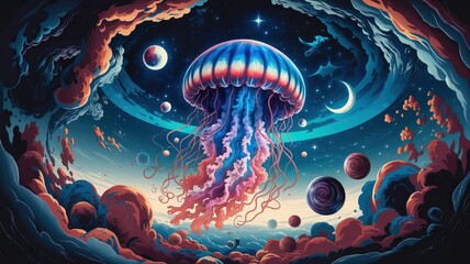 Vibrant Jellyfish Painting On A Galaxy Background