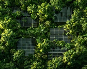 Solar panels integrated into a green wall, showcasing a sustainable and eco-friendly energy solution.