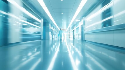 futuristic hospital corridor soft focus medical staff advanced technology visible cool blue tones clean aesthetic healthcare innovation concept