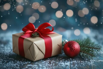 Obraz premium Christmas Gift with Red Ribbon and Sparkling Blue Background