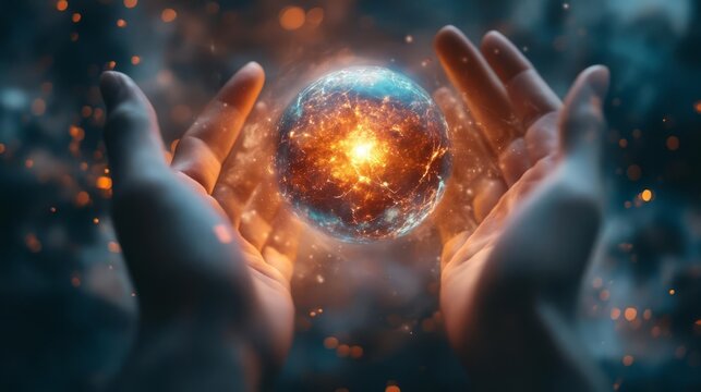 Hands releasing a glowing orb into a vast universe, symbolizing freedom, limitless possibilities, and release