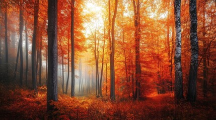 Obraz premium Sunbeams pierce through a misty, autumnal forest, illuminating the vibrant red leaves of the trees.