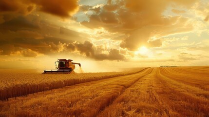 Fototapeta premium hightech combine harvester efficiently gathering crops in vast golden wheat field under dramatic sky