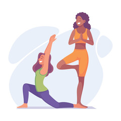 Good Company with Woman Friend Sit in Yoga Pose Vector Illustration
