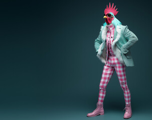 An illustrated retro rooster standing upright like a man, dressed in a mix of vintage and modern attire, showcasing a unique, alternative fashion style against a dark background.