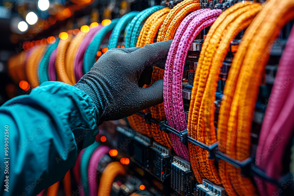 Poster a technician adjusting a maze of colorful wires to fix a complex circuit, illustrating inventive tec