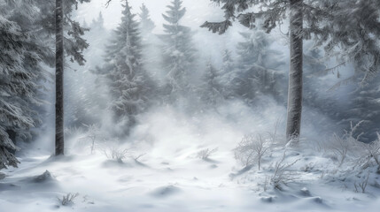 Fototapeta premium Misty Winter Forest with Snow-Covered Trees and Icy Winds