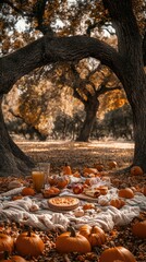Pumpkin Patch Picnic with a Blanket and Seasonal Fall Foods Surrounded by Pumpkins and Foliage