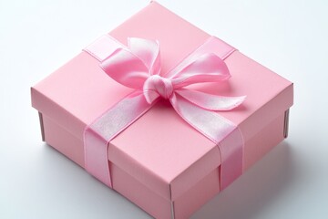 Fototapeta premium Elegant pink gift box with ribbon on white surface