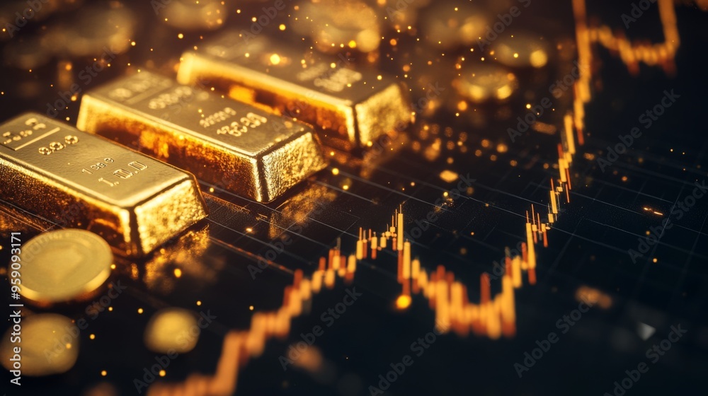 Poster A close-up of a gold price graph with various indicators and annotations, with gold bars and coins in the background, highlighting investment trends