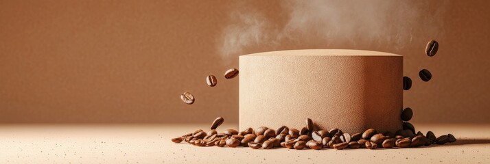 A 3D  earthy brown podium surrounded by coffee beans, with steam rising, symbolizing warmth, comfort, and a rich aroma, perfect for showcasing products related to coffee, chocolate, or desserts.