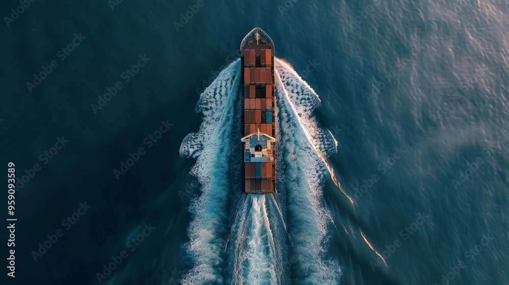 Wall mural webinar banner, Aerial top view of cargo maritime ship with contrail in the ocean ship carrying container and running for export concept technology freight shipping by ship forwarder mast 