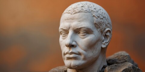 A white head with a stone face is on an orange background.