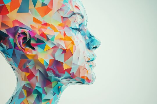 A profile of an AI head composed entirely from colorful, geometric shapes and triangles The background is white with space for text or design elements Generative AI