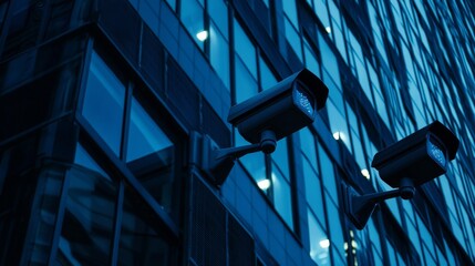 Two security cameras mounted on a modern office building with a blue glass facade.