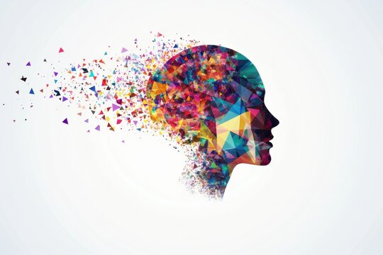 A profile view of a head composed of colorful triangles, with elements emanating from it that resemble brain-shaped figures Generative AI