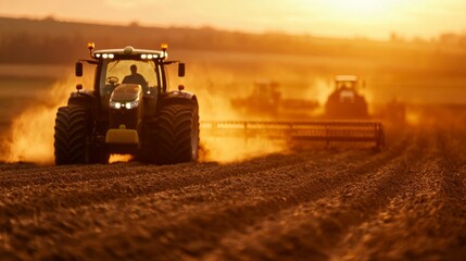 Fototapeta premium Two tractors working in a field at sunset, kicking up dust. Golden hour light illuminates the scene.