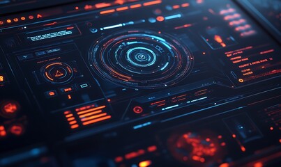 Futuristic Digital Interface with Red and Blue Glowing Elements