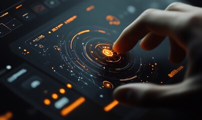 Finger Activating a Futuristic Interface with Orange Glowing Lights