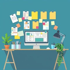 Modern home office desk setup with computer, sticky notes, and plants against blue wall. Organized workspace for productivity.